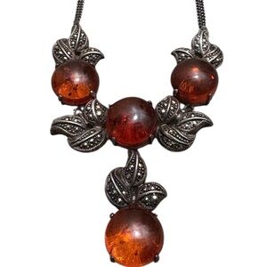 *Rare* Vintage Art Deco Amber and Marcasite Sterling Silver Necklace